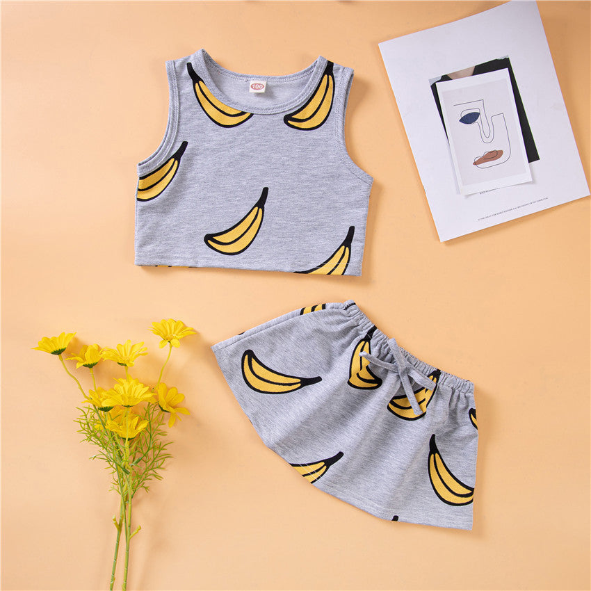 Toddler Kids Girls Solid Color Cartoon Banana Printing Sleeveless Vest Skirt Set