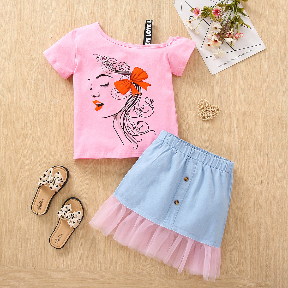 Summer Fashion Girls Strapless T-shirt Denim Short Skirt Set Children's Clothing