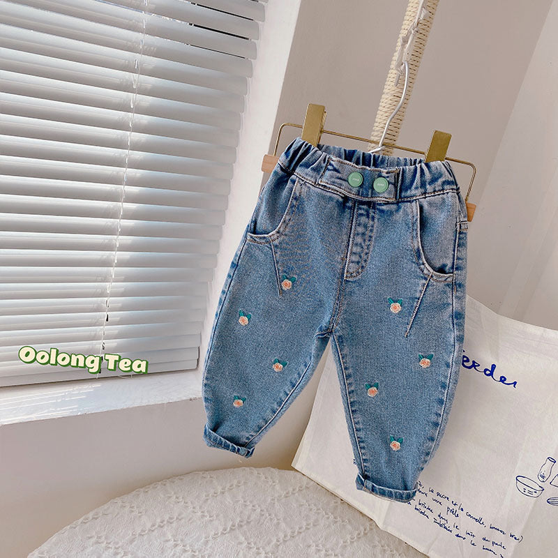 2022 New Girls' Small Flower Jeans Small Children's Spring Baby Women's Small Foot Pants Children's Long Pants