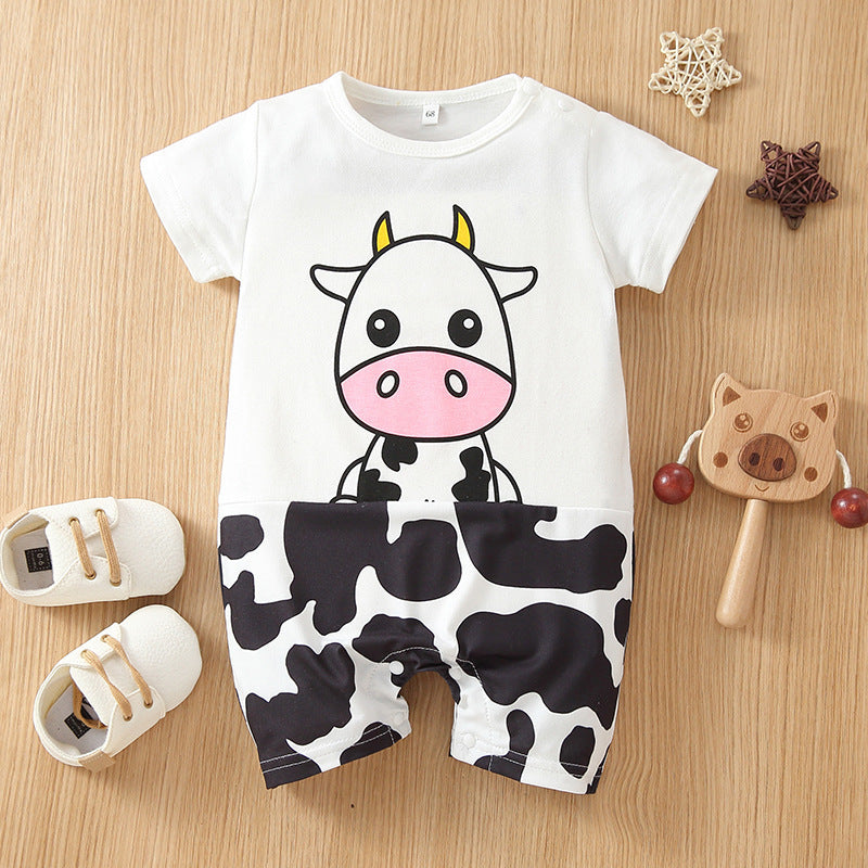 Baby Boys Summer Cotton Solid Color Cartoon Printed Short Sleeved Jumpsuit