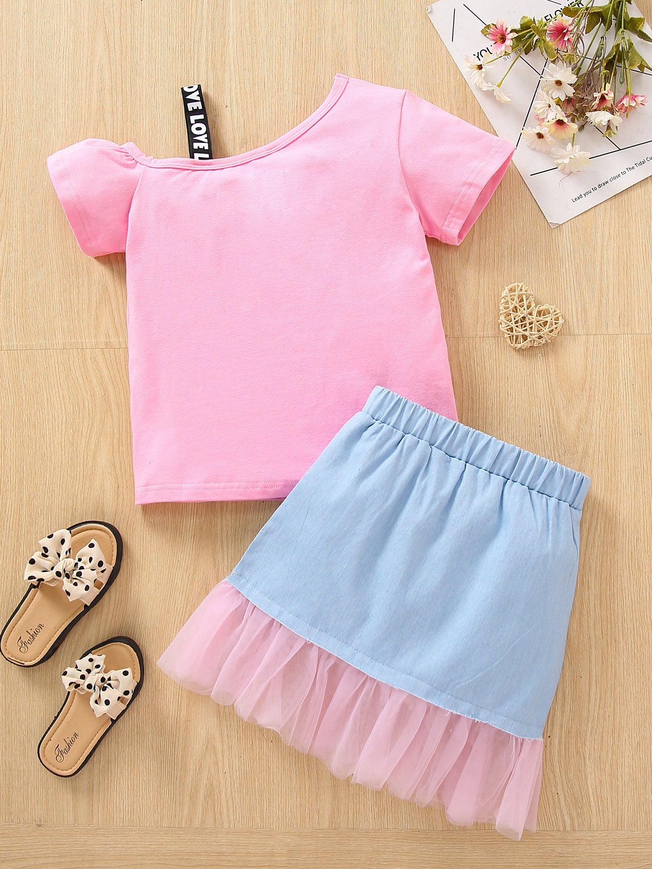 Summer Fashion Girls Strapless T-shirt Denim Short Skirt Set Children's Clothing