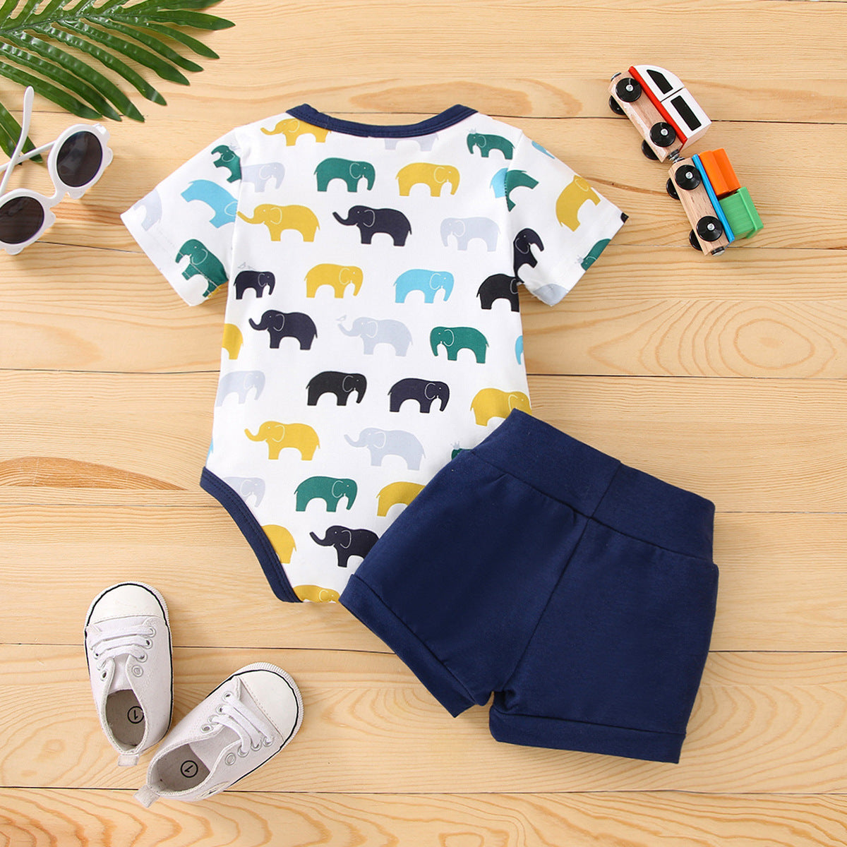 Baby Boys Summer Cartoon Elephant Print Short Sleeved Triangle Jumpsuit Shorts Set