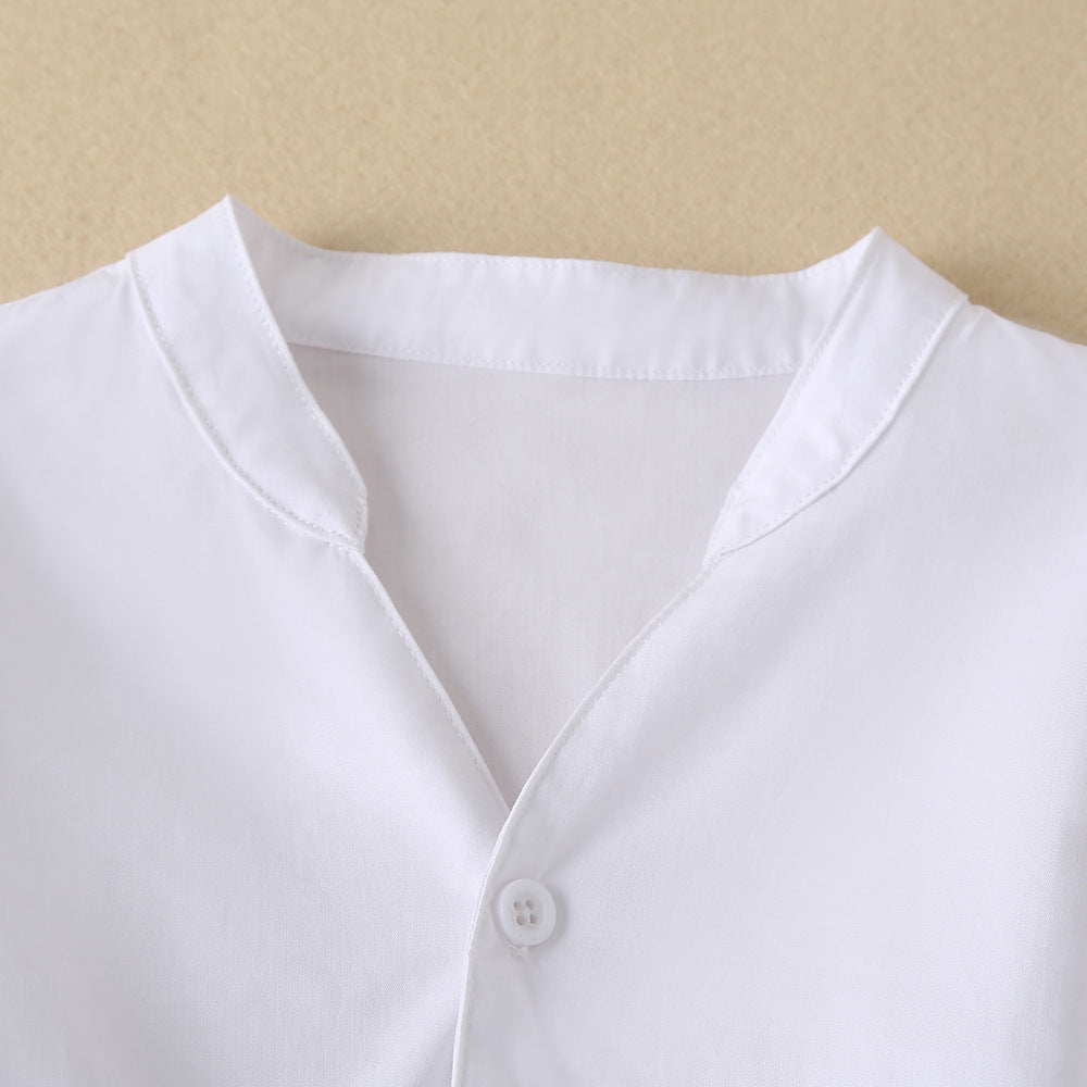 Toddler Kids Girls White V-Neck Bubble Sleeve Khaki Belt Shirt Dress