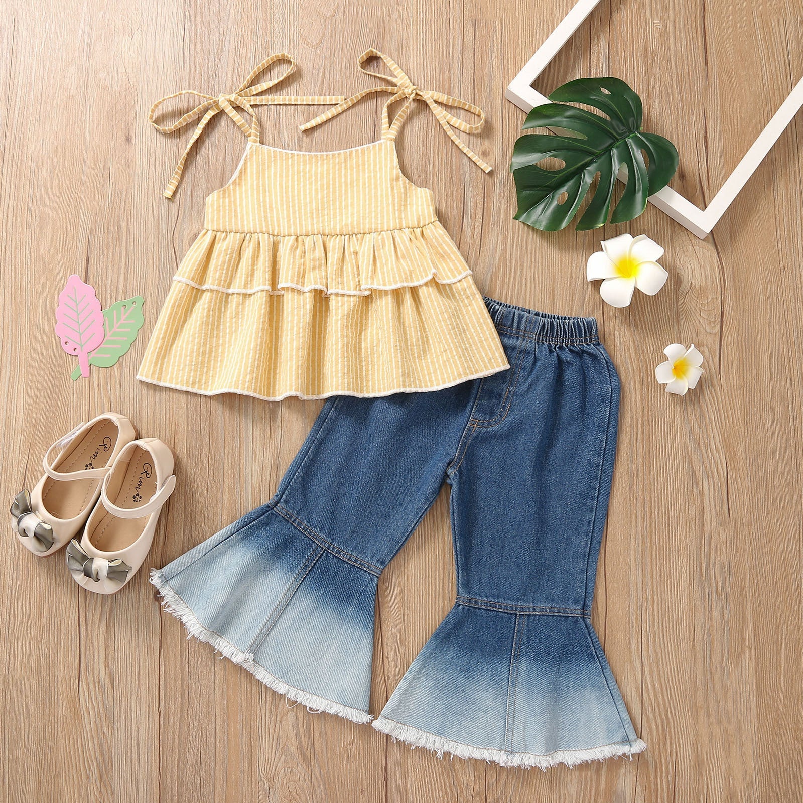 Toddler Kids Girls Solid Color Sleeveless Suspender Top Denim Horn Pants Set