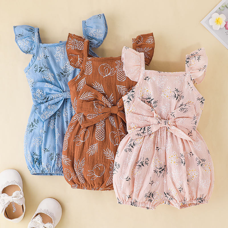 Baby Girls Summer Solid Color Flower Print Bow Sleeveless Jumpsuit