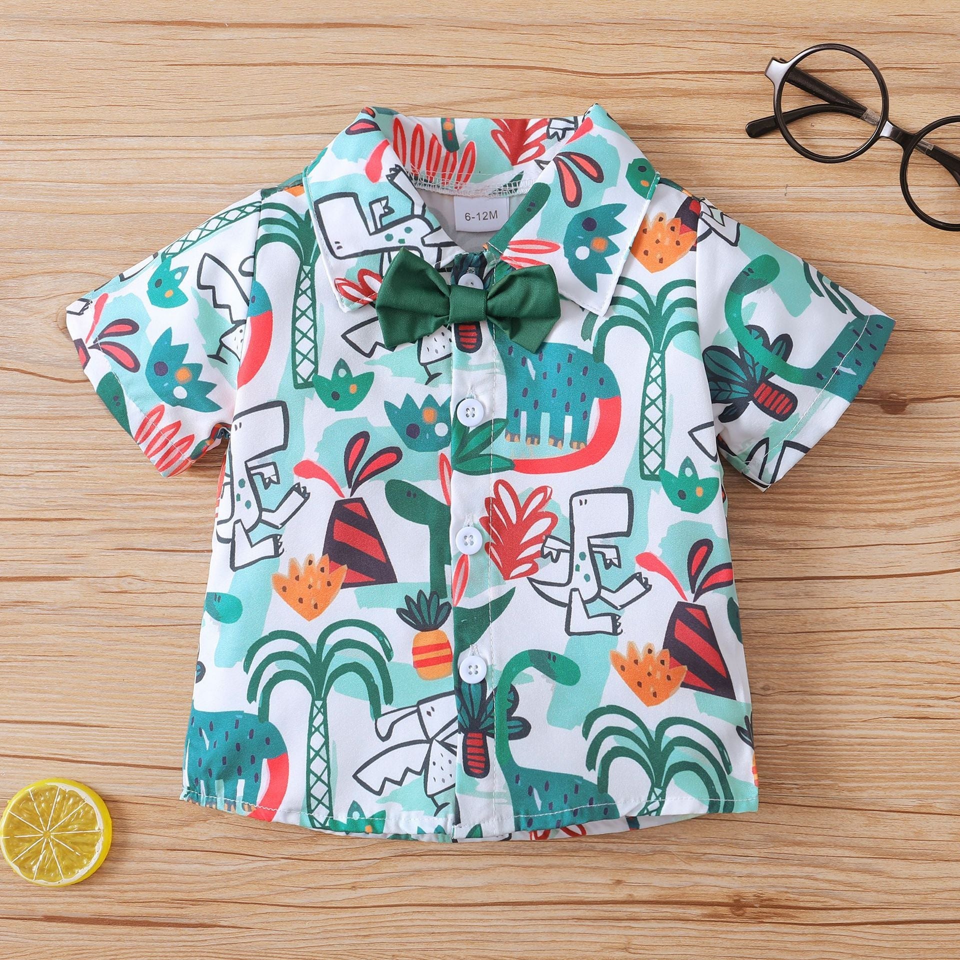 Toddler Kids Boys Summer Cartoon Dinosaur Print Short Sleeve Shirt Solid Shorts Bow Tie Set