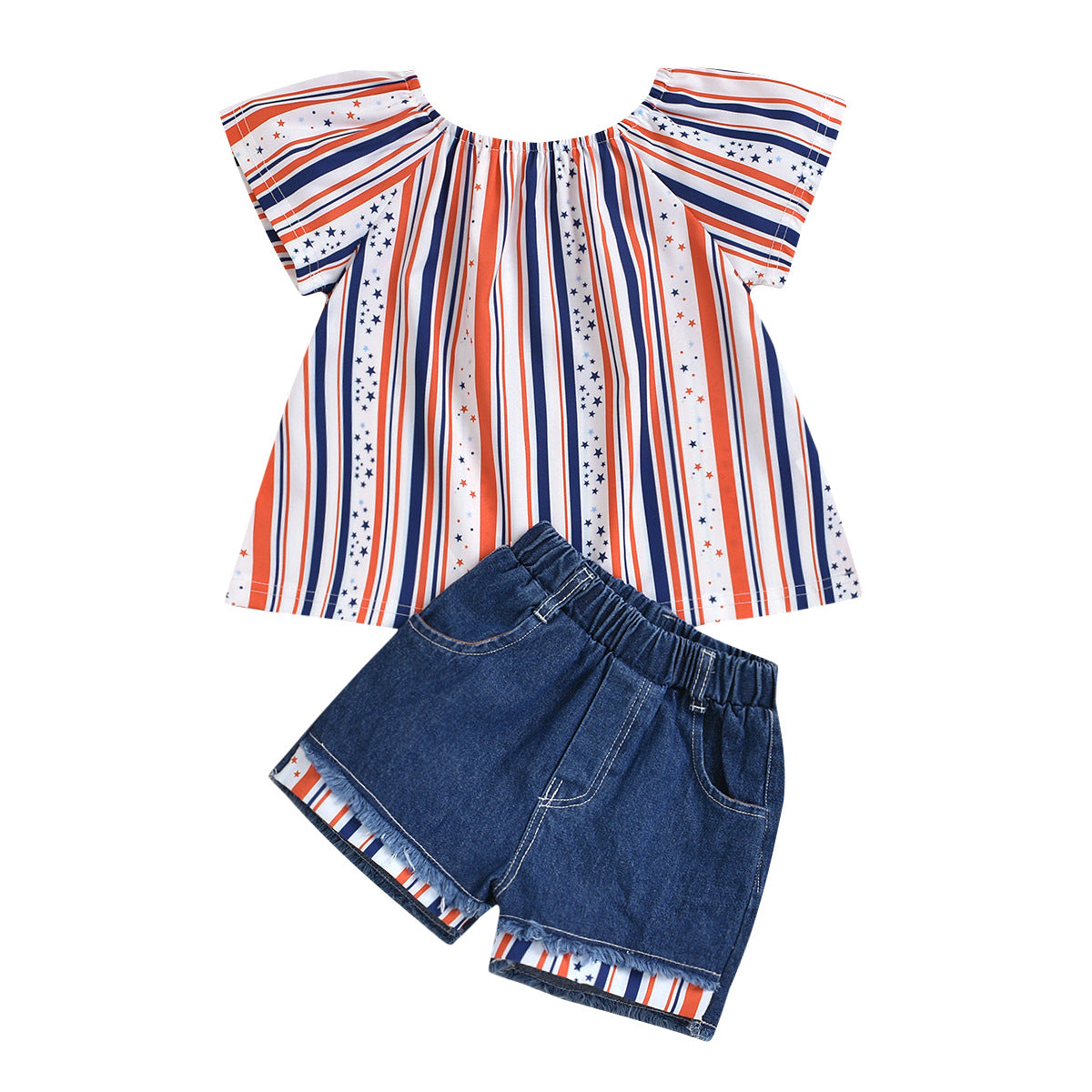 Summer 1-6 Years Old Girls' Independence Day Short-Sleeved Striped Top + Denim Stitching Shorts 2-Piece Set Wholesale Kids Clothing