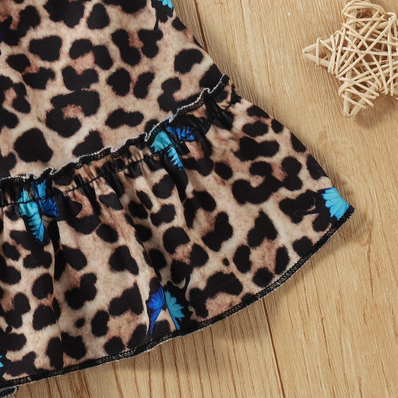 Toddler Kids Girls Solid Leopard Print Stitching Short Sleeve Crew Neck Top Headband Skirt Set