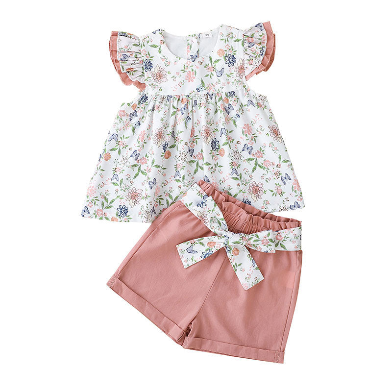 Toddler Kids  Girls Floral Print Sleeveless Top Solid Bow Shorts Set