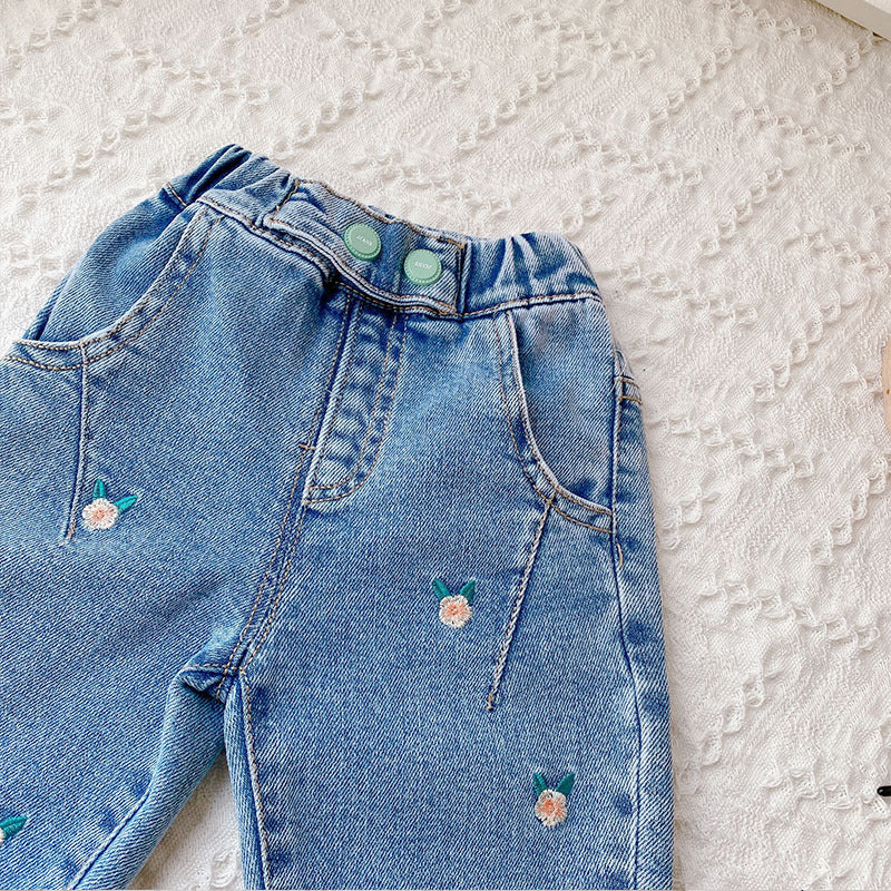 2022 New Girls' Small Flower Jeans Small Children's Spring Baby Women's Small Foot Pants Children's Long Pants