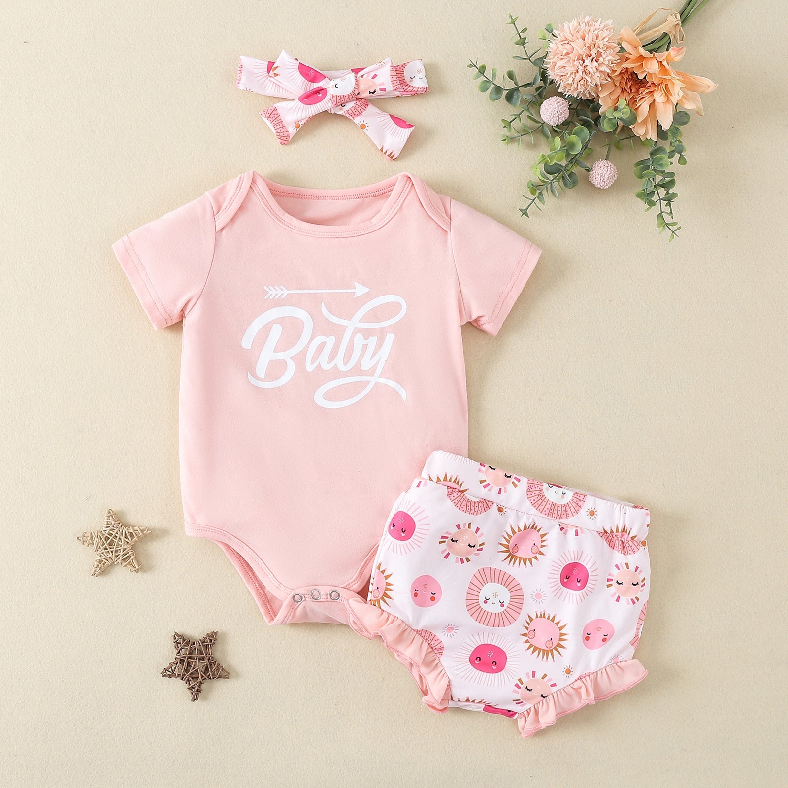 Summer New Baby Baby Clothes Small Sun Printed Girls Crawling Clothes Cute Package Fart Harness Triangle Crawling Clothes Split