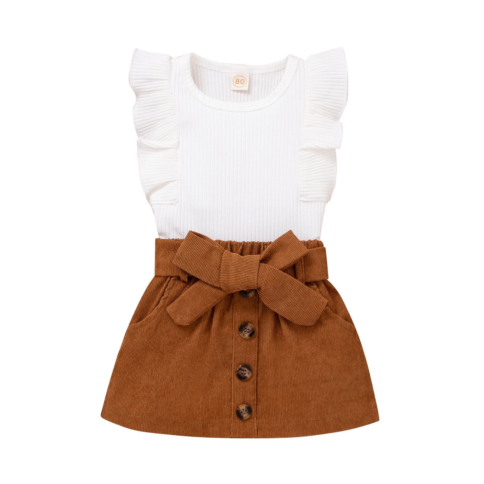Toddler Girls Pit Strip Lotus Leaf Sleeve Corduroy Bow Short Skirt Fashion Wholesale Kids Clothing