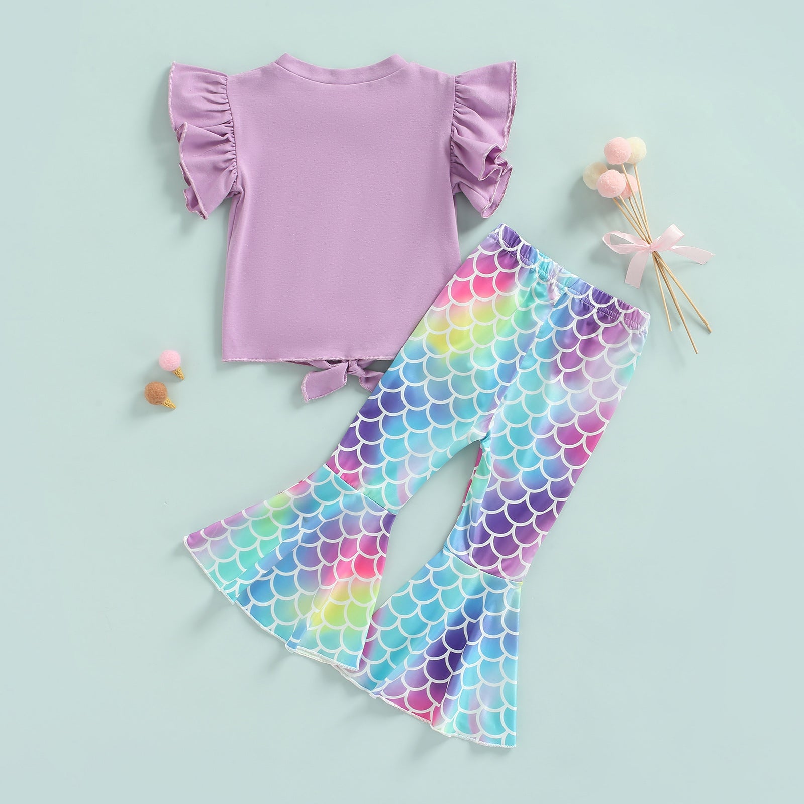Toddler Kids Girls Solid Color Shell Short Sleeve Round Neck T-Shirt Top Color Fish Scale Printing Horn Pants Set