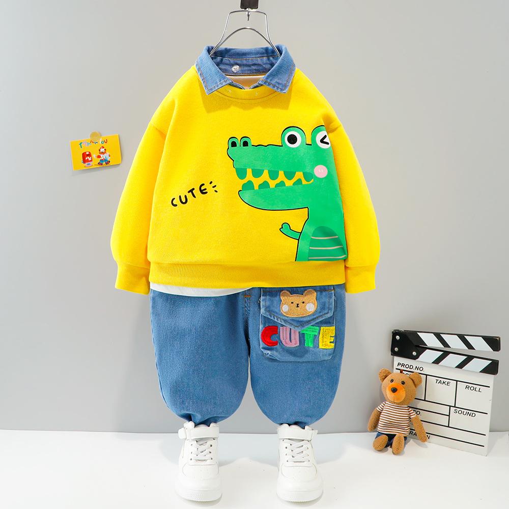 Boys Long Sleeve Cartoon Lapel Hoodie Trousers Set Baby Wholesales