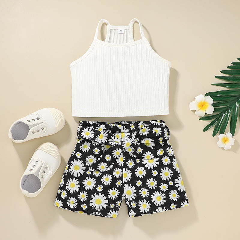 Girls' New Fashion Print Clothes Two-piece Children's Camisole Shorts Set