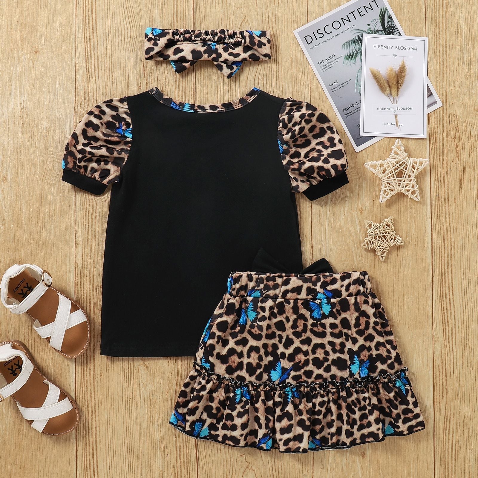 Toddler Kids Girls Solid Leopard Print Stitching Short Sleeve Crew Neck Top Headband Skirt Set