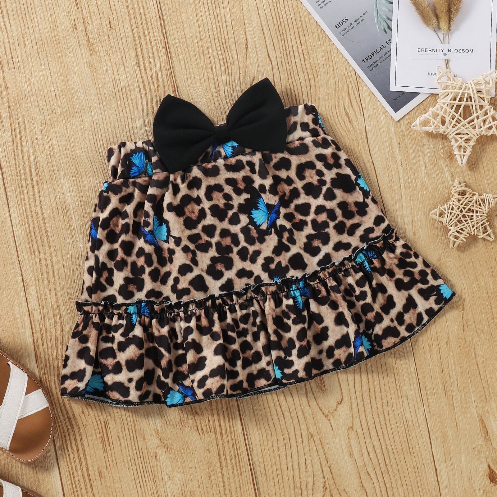 Toddler Kids Girls Solid Leopard Print Stitching Short Sleeve Crew Neck Top Headband Skirt Set