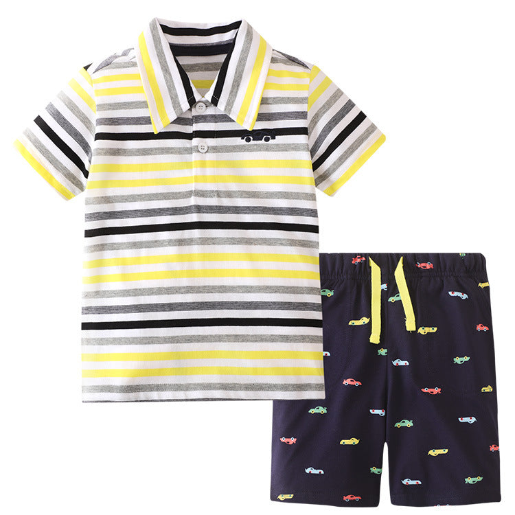 Toddler Kids Boys Color Stripe Short Sleeve Cotton Lapel Shirt Dinosaur Print Shorts Set