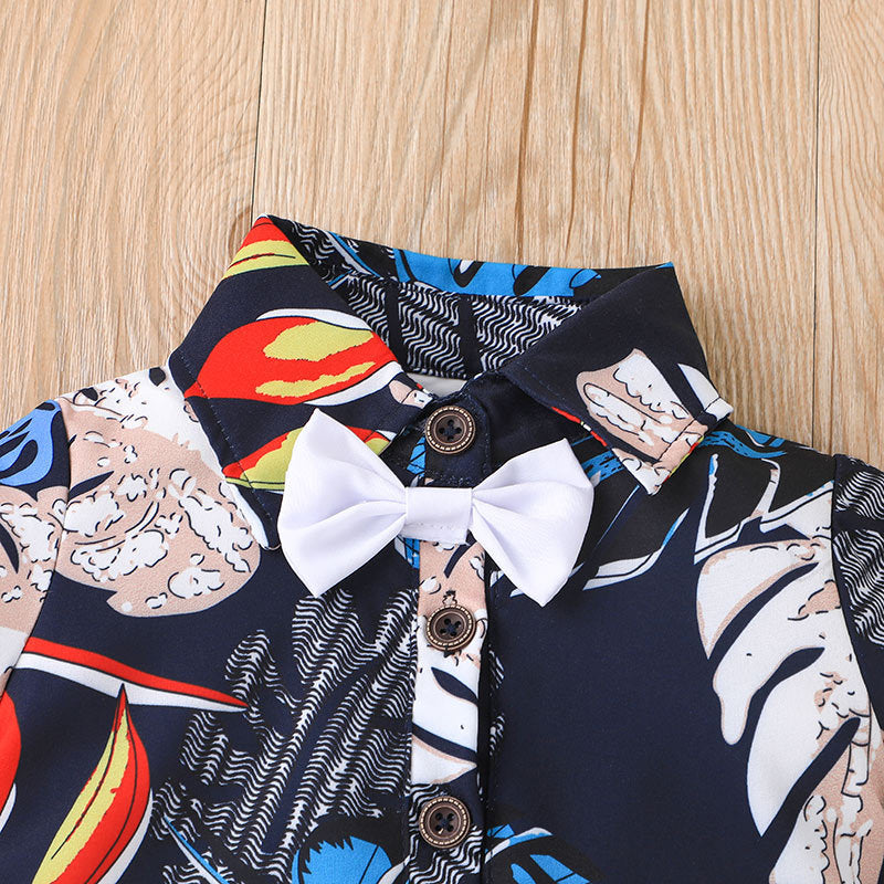 Toddler Boys Plant Printed Gentleman's Short Sleeved Bodysuit Bow Tie Set