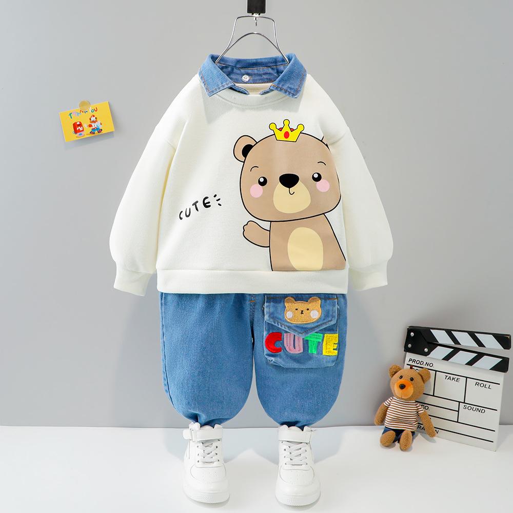 Boys Long Sleeve Cartoon Lapel Hoodie Trousers Set Baby Wholesales