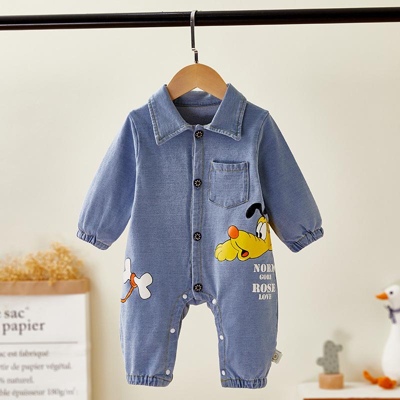 Baby Boys Autumn Cartoon Cute Soft Denim Jumpsuit Babywear Wholesale