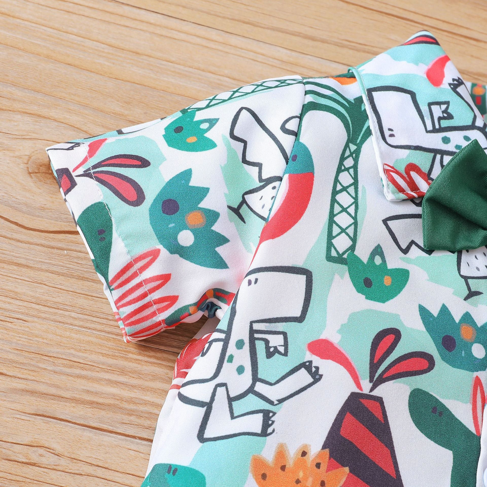 Toddler Kids Boys Summer Cartoon Dinosaur Print Short Sleeve Shirt Solid Shorts Bow Tie Set