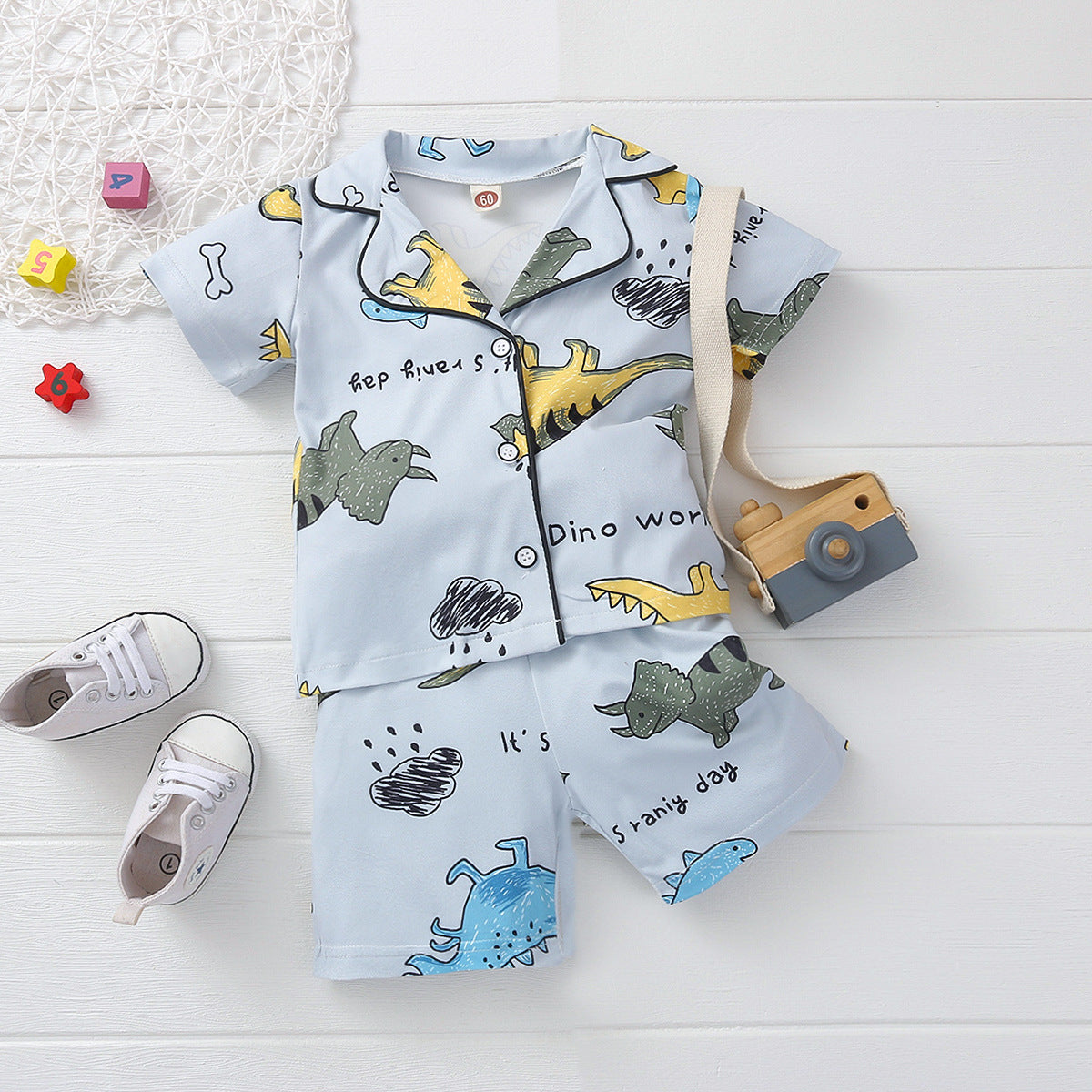 Toddler Boys Cotton Silk Cartoon Dinosaur Printed Shirt Shorts Pajamas Summer Home Clothes