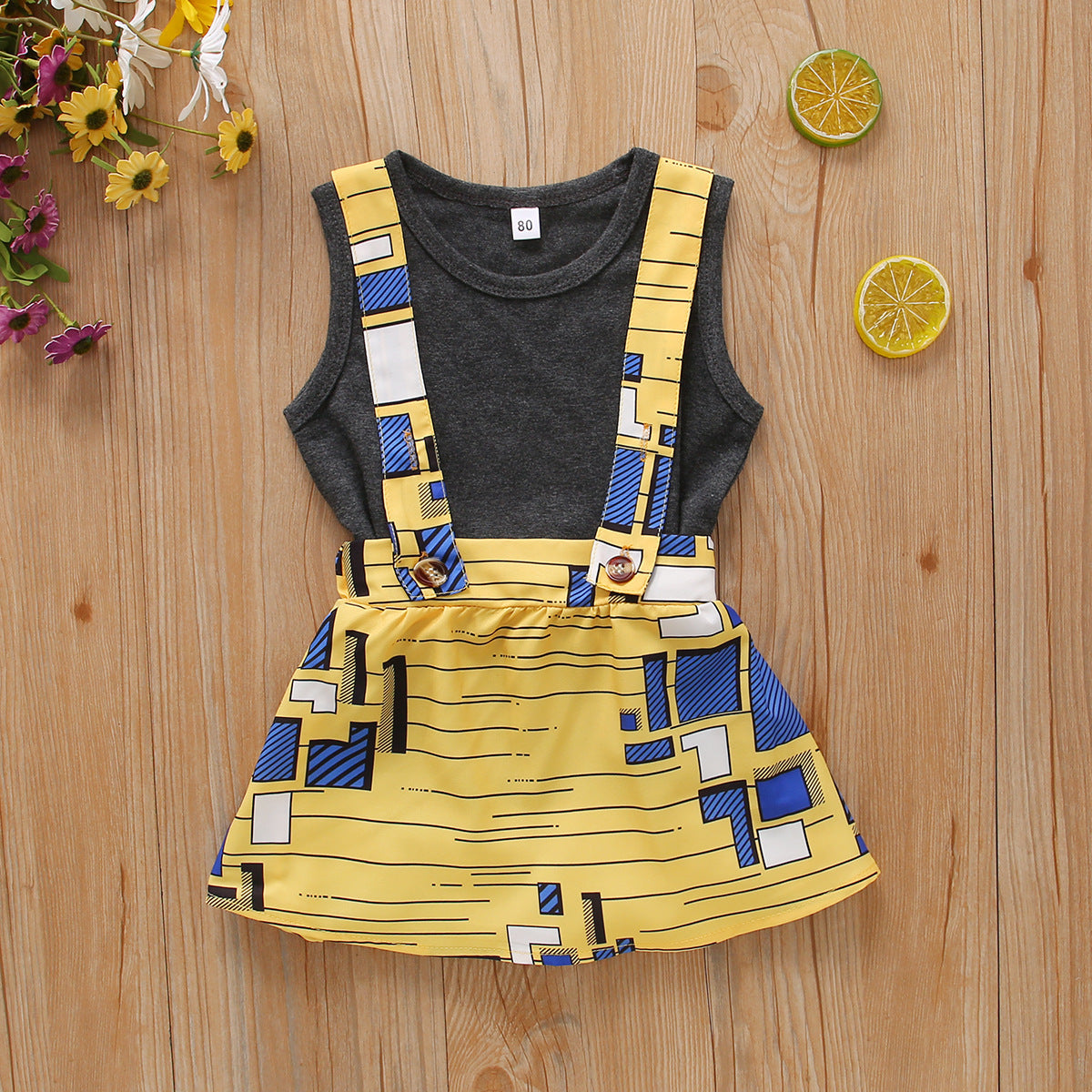 Toddler Kids Girls Solid Color Sleeveless Vest Cartoon Printed Suspender Skirt Set