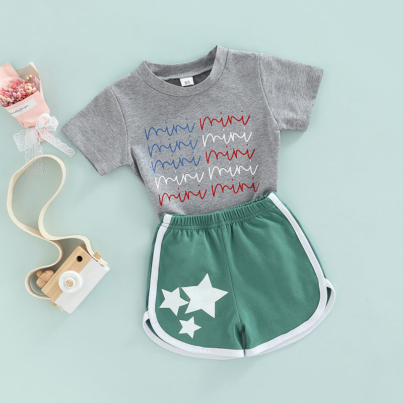 Toddler Kids Boys Solid Letter Short Sleeve T-shirt Pentagram Star Printed Shorts Set