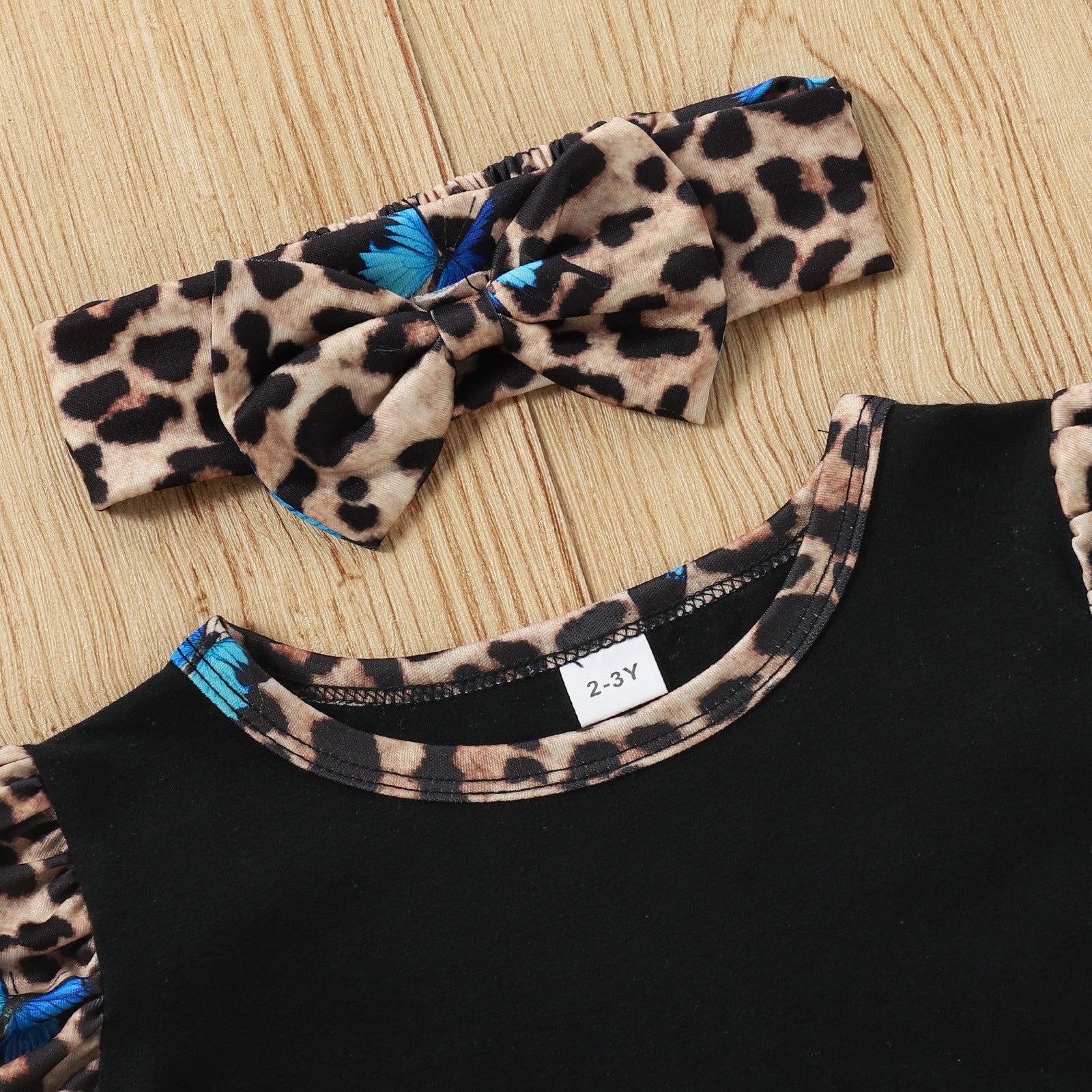 Toddler Kids Girls Solid Leopard Print Stitching Short Sleeve Crew Neck Top Headband Skirt Set