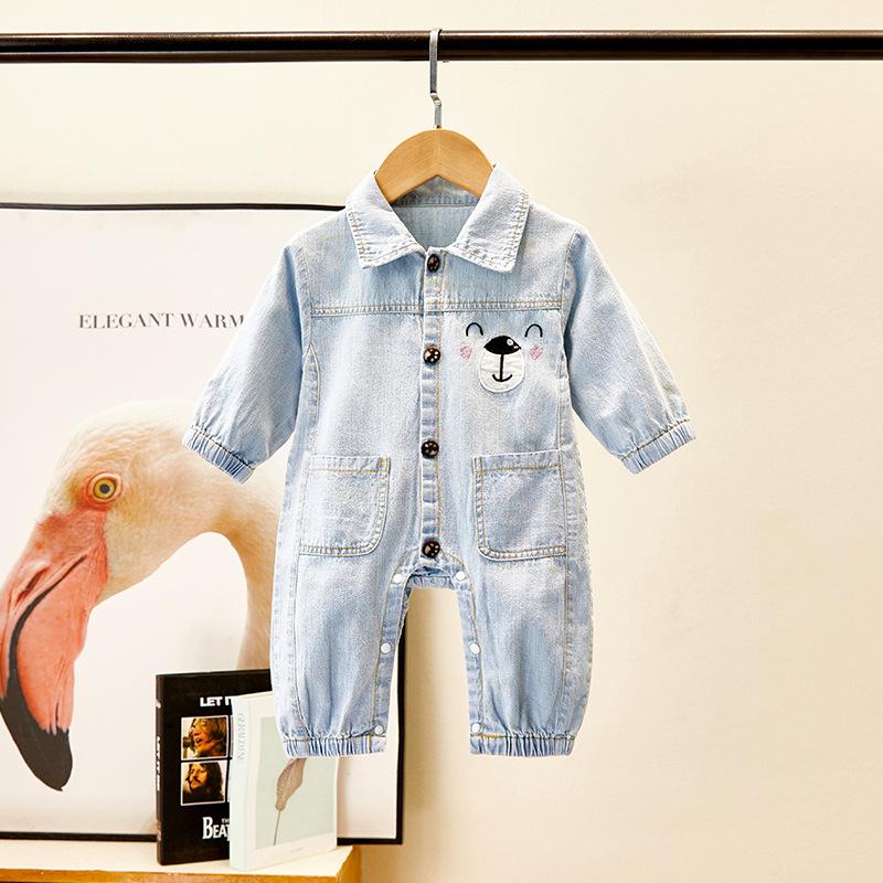 Baby Boys Autumn Cartoon Cute Soft Denim Jumpsuit Babywear Wholesale