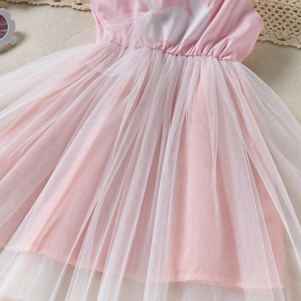 Toddler Kids Girls Summer Solid Color Cartoon Swan Print Sleeveless Mesh Stitched Vest Dress