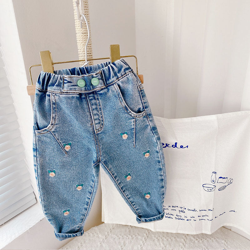 2022 New Girls' Small Flower Jeans Small Children's Spring Baby Women's Small Foot Pants Children's Long Pants