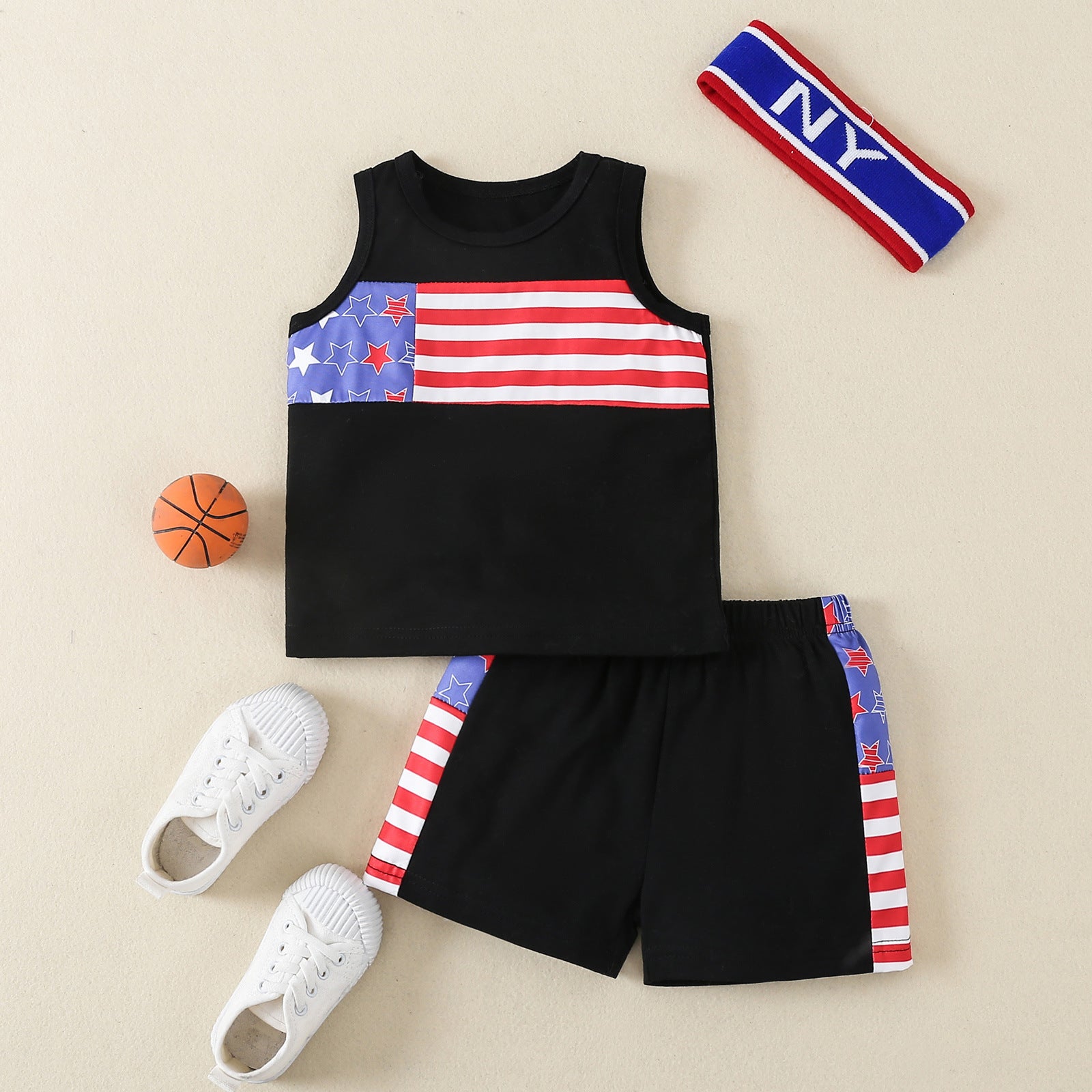 2022 Wholesale Children's Clothing Summer New Independence Day Flag Printed Undershirt Shorts Suit