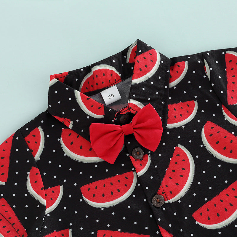 Toddler Kids Boys Watermelon Print Short Sleeve Lapel Shirt Solid Color Suspender Pants Bow Tie Set