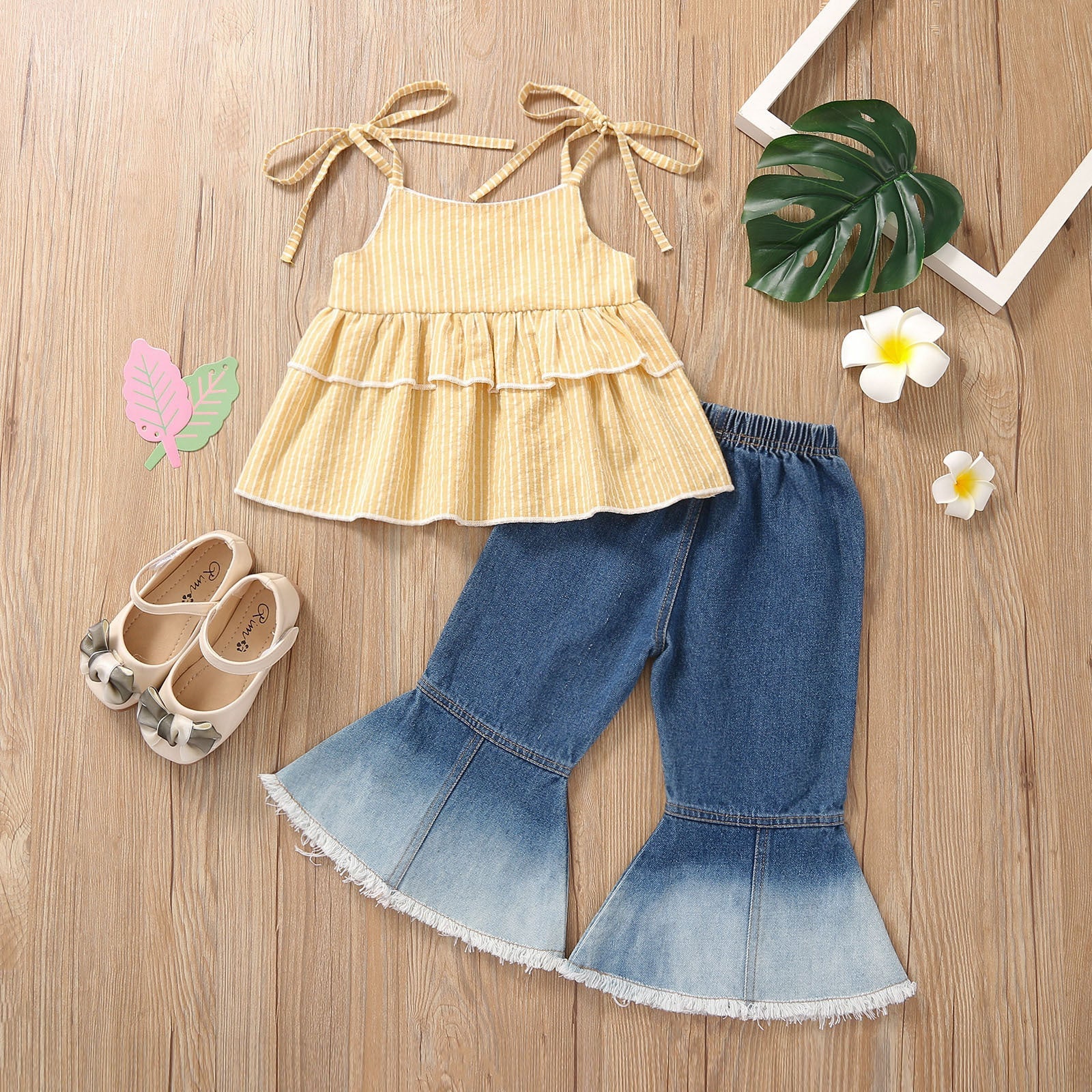 Toddler Kids Girls Solid Color Sleeveless Suspender Top Denim Horn Pants Set