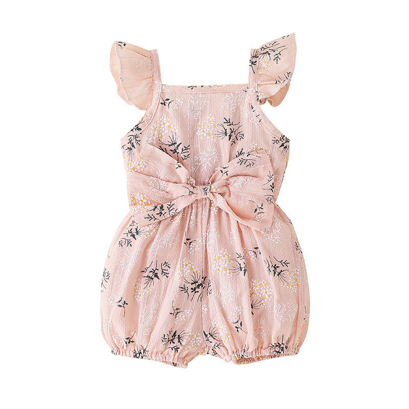 Baby Girls Summer Solid Color Flower Print Bow Sleeveless Jumpsuit