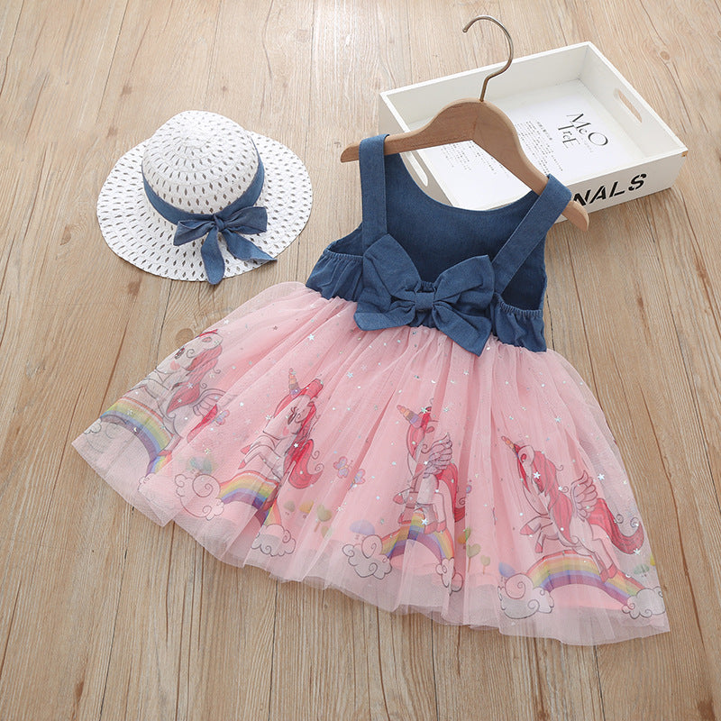 Toddler Kids Girls Solid Color Sleeveless Bow Unicorn Print Mesh Stitching Dress Hat Two Piece Set
