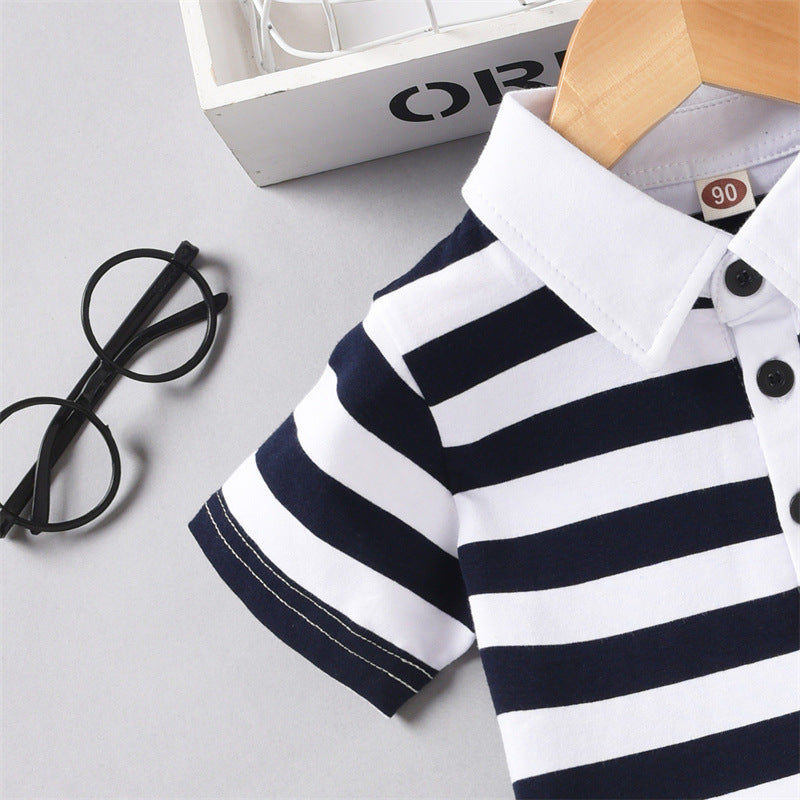 Toddler Kids Striped Polo Neck Short Sleeve T-shirt Solid Shorts Set