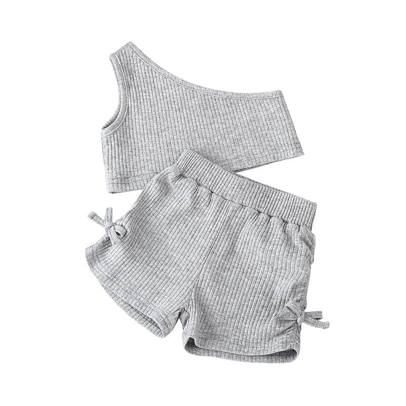 Toddler Girls Solid Color Knitted One Shoulder Sleeveless Vest Bow Shorts Set