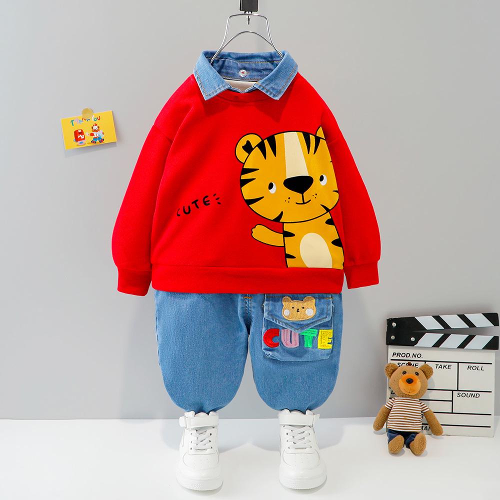 Boys Long Sleeve Cartoon Lapel Hoodie Trousers Set Baby Wholesales