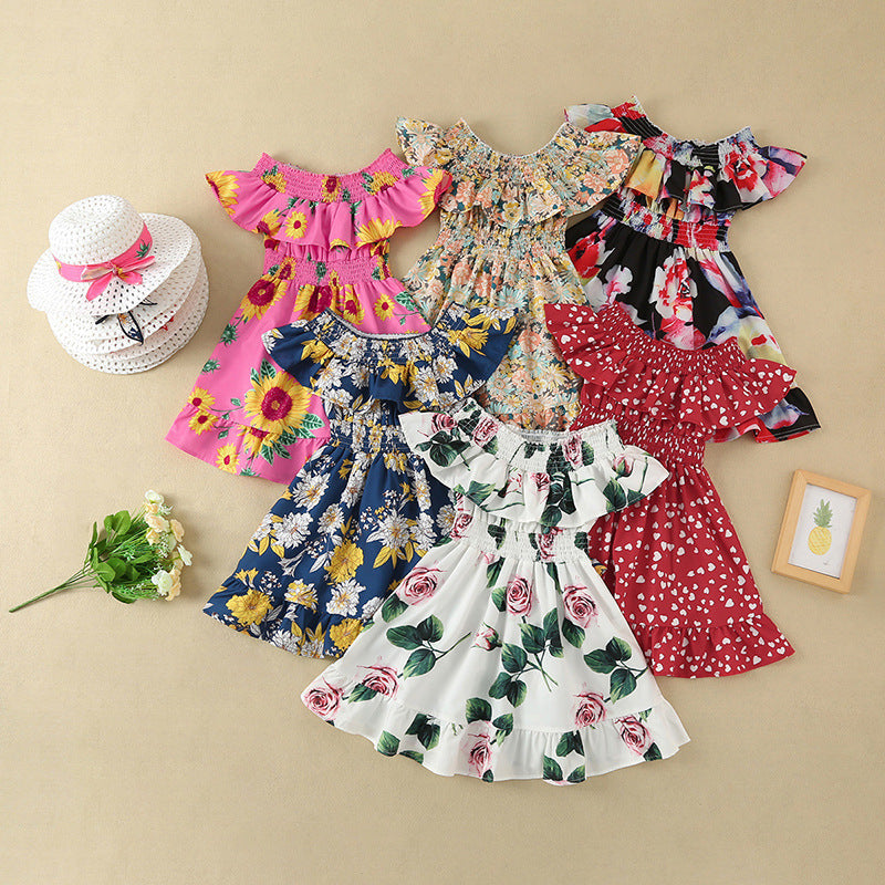 Toddler Kids Girls Solid Flower Print Ruffle Short Sleeve Waist Dress