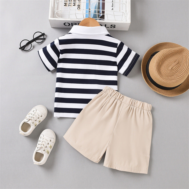 Toddler Kids Striped Polo Neck Short Sleeve T-shirt Solid Shorts Set