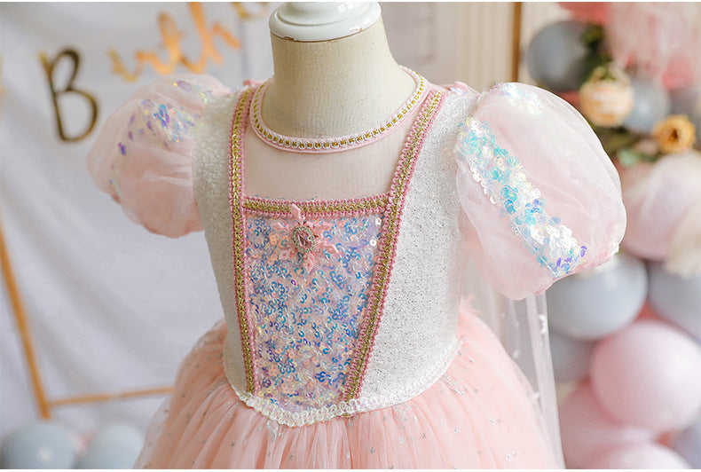 Toddler Kids Girls Solid Sequin Square Neck Bubble Sleeve Mesh Stitched Fluffy Skirt Princess Dress