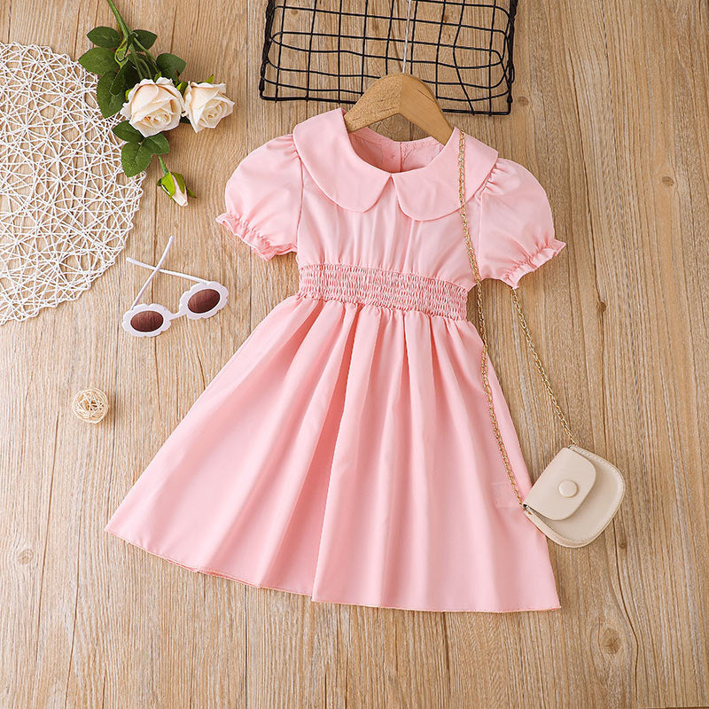 Kids Girls Summer Pink Doll Collar Elastic Waist Bubble Sleeve Long Dress
