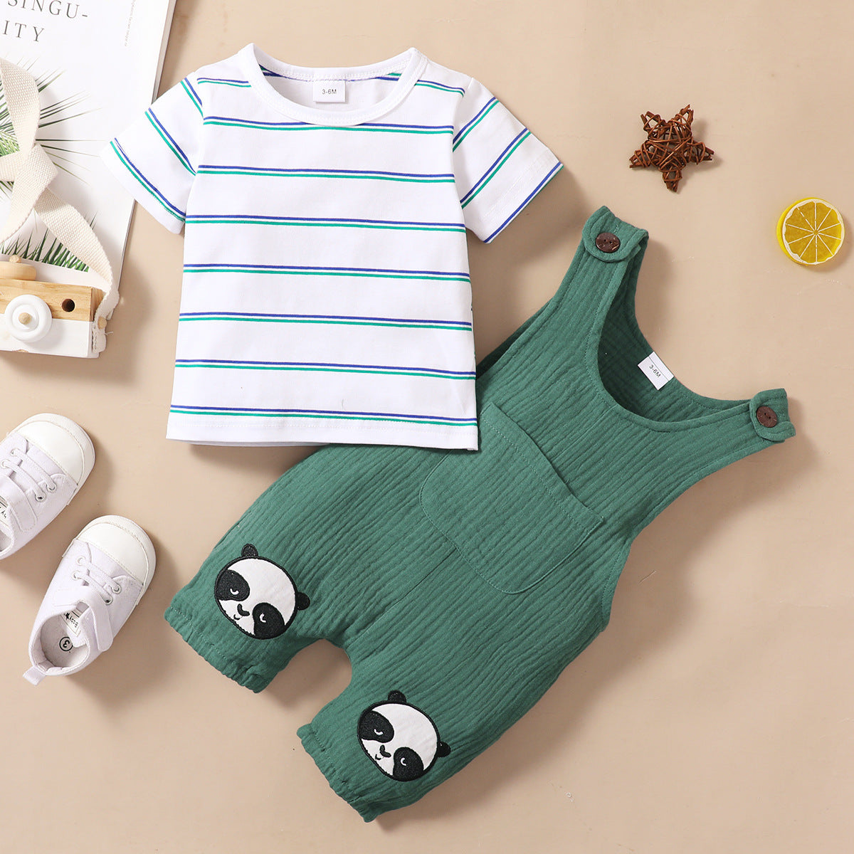 Toddler Boys Cotton Stripe Short Sleeve T-shirt Panda Embroidered Suspender Pants Set