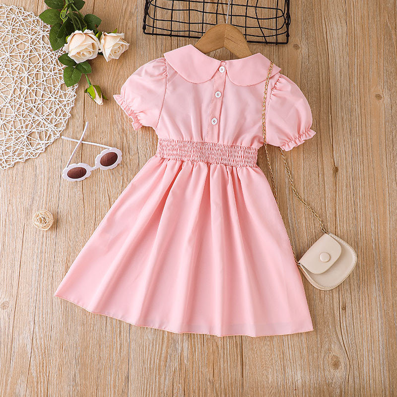 Kids Girls Summer Pink Doll Collar Elastic Waist Bubble Sleeve Long Dress
