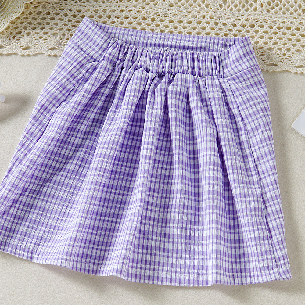 Toddler Kids Girls Summer Solid Color Plaid Printed Bow Suspender Skirt Set