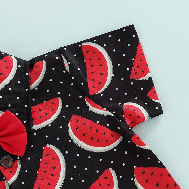Toddler Kids Boys Watermelon Print Short Sleeve Lapel Shirt Solid Color Suspender Pants Bow Tie Set