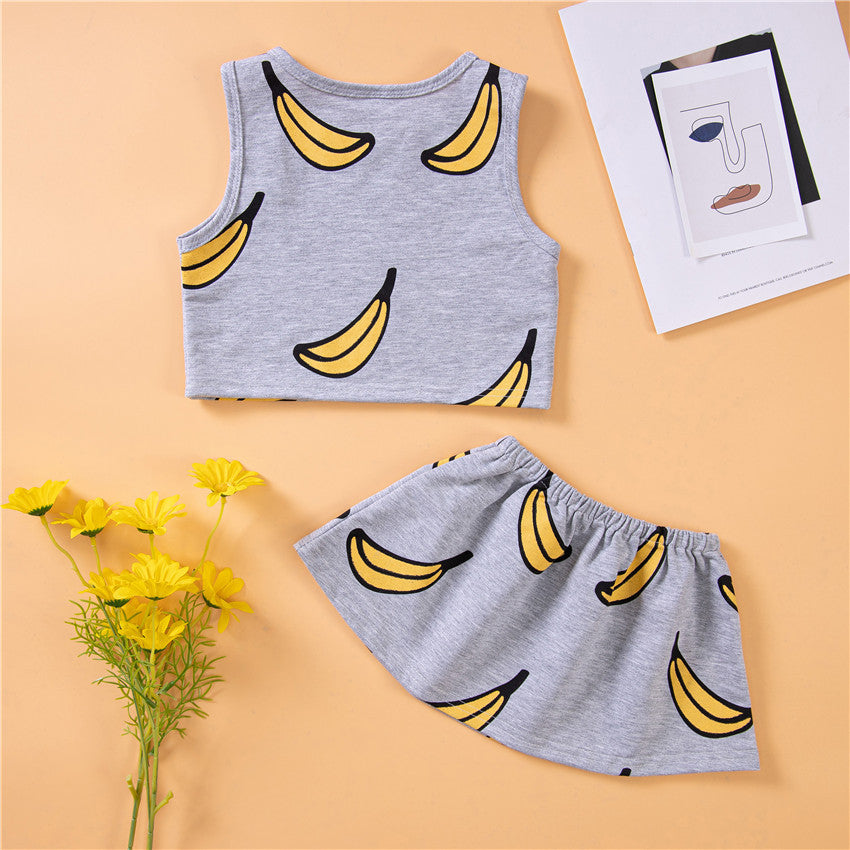 Toddler Kids Girls Solid Color Cartoon Banana Printing Sleeveless Vest Skirt Set